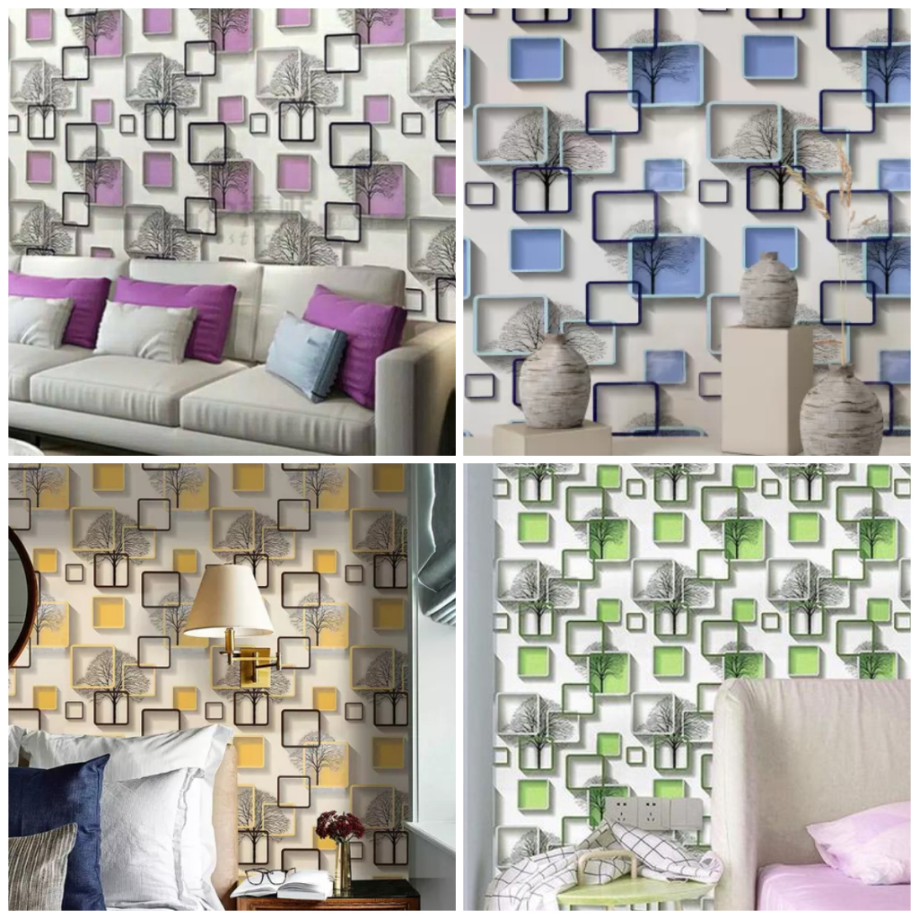 Wallpaper Stiker Dinding Motif Kotak 3D Bahan PVC Ukuran 45 cm x 90-100 cm per Lembar