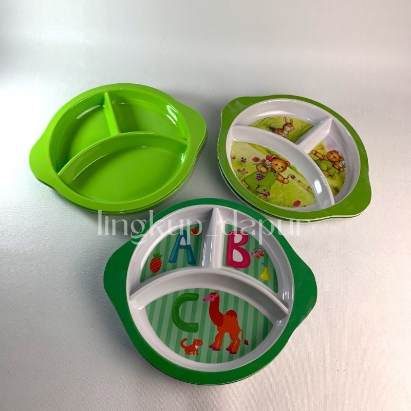 (satuan) Piring Melamine Bento, Piring Sekat 3 Bermotif, Piring Makan Anak