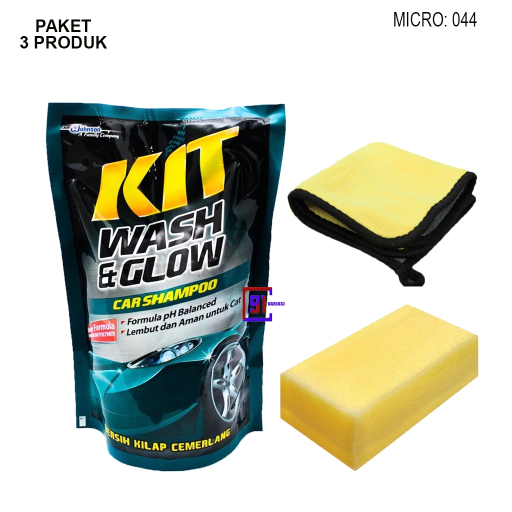 Paket Kit Wash and Glow 400 ML Shampoo Mobil + Spons Cuci + Lap Microfiber - 91 VARIASI