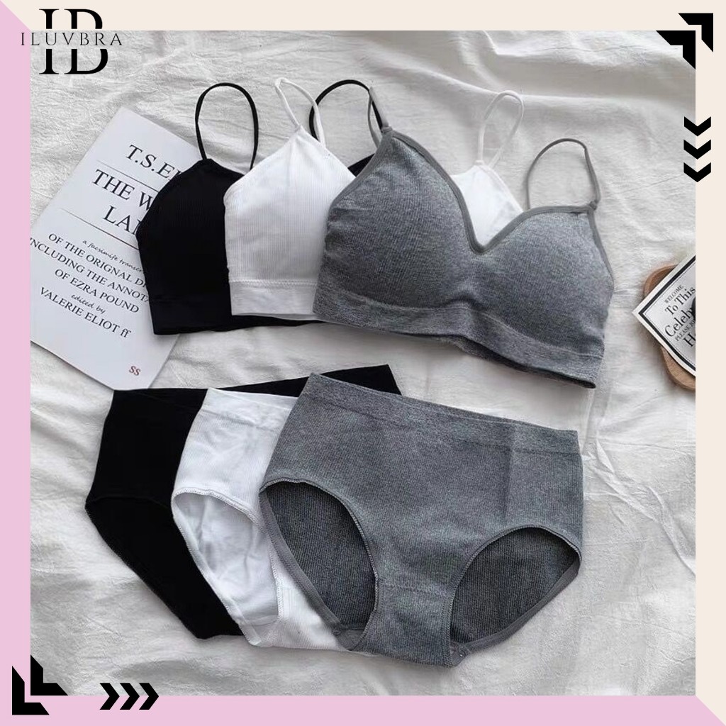 CUCI GUDANG  BR668 Bra Set Celana Dalam Wanita 1 Set Pakaian Dalam Katun Polos Sport BRA + CD Yoga