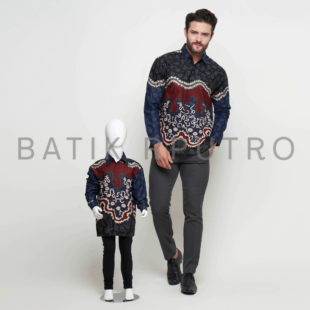 Batik Couple Ayah Anak Biru Dongker, Batik Pria Biru Dongker Merah Maroon