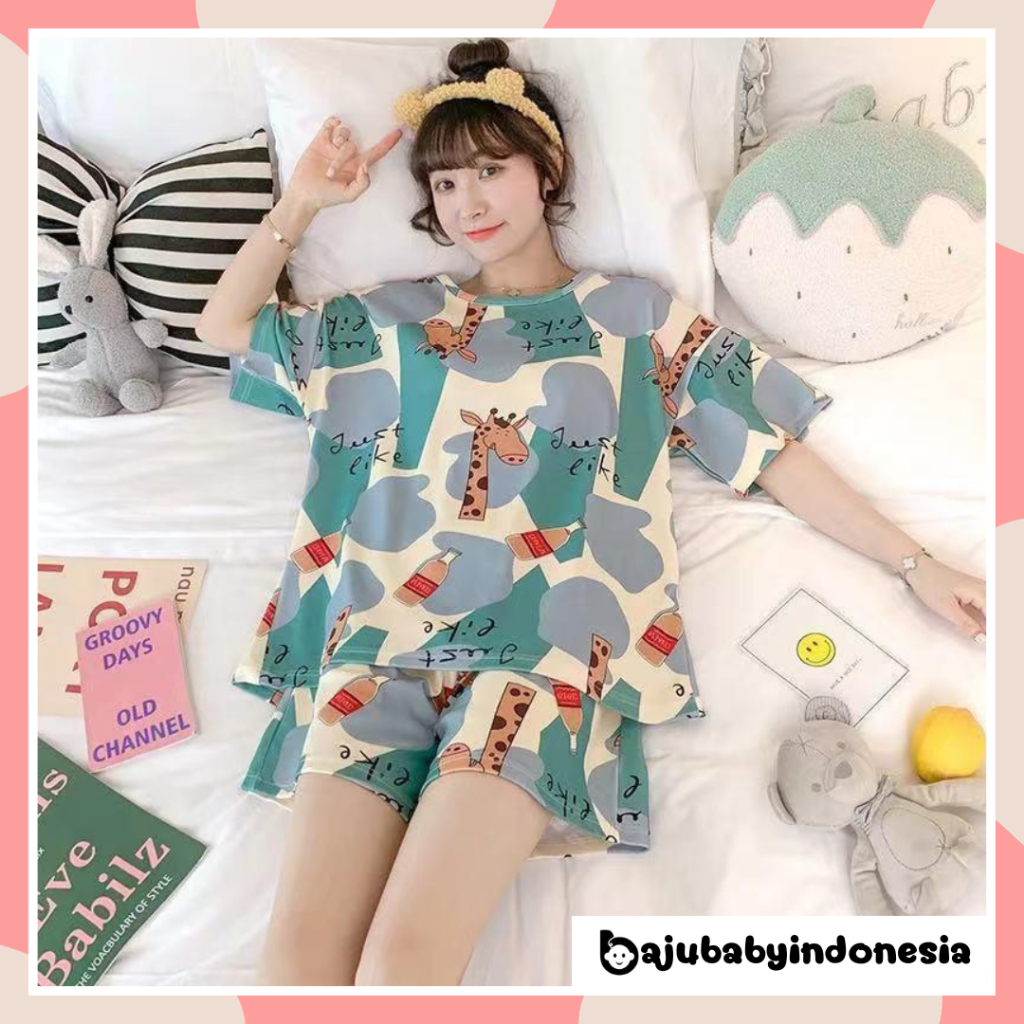 BBI Setelan piyama wanita dewasa motif karakter kartun lucu set baju tidur perempuan remaja bahan ka