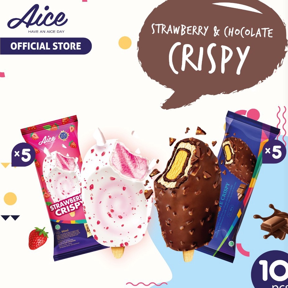 

KODE JEK994 Paket Aice Ice Cream Strawberry Crispy 5 Pcs Chocolate Crispy 5 pcs Eskrim Es Krim Flash Sale