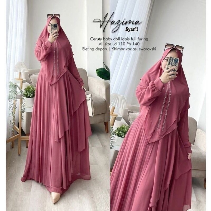 Baju Gamis Ceruty Jumbo Syari 2024 Hazima Syar'i Model Kekinian Gamis Lebaran Set Hijab Wanita Dewas