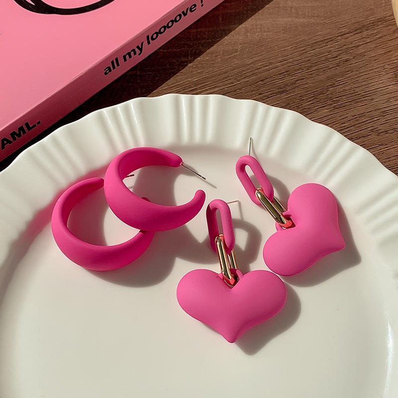 COD Anting Hati Cinta Besar French Akrilik Rose Red Warna Kelas Atas Anting Merah Muda Barbie Pesta 