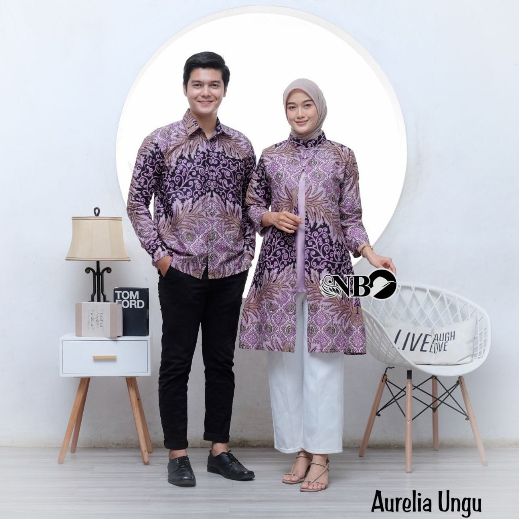 Couple Baju Batik Terbaru  Motif Aurelia Ungu/ Atasan Tunik Wanita / Kemeja Batik Pria Lengan Pendek