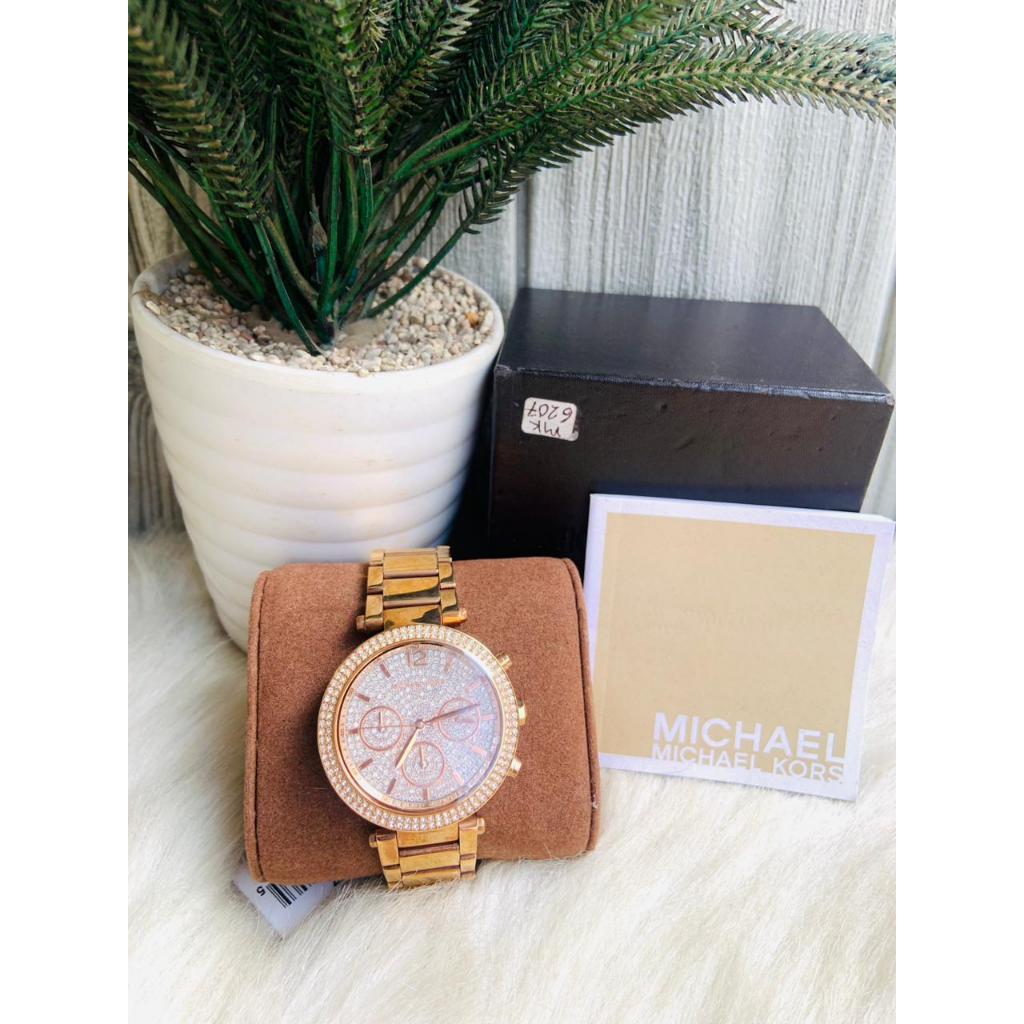 JAM TANGAN BRANDED Parker Crystal Paved Rose Gold Ladies Watch MK5857
