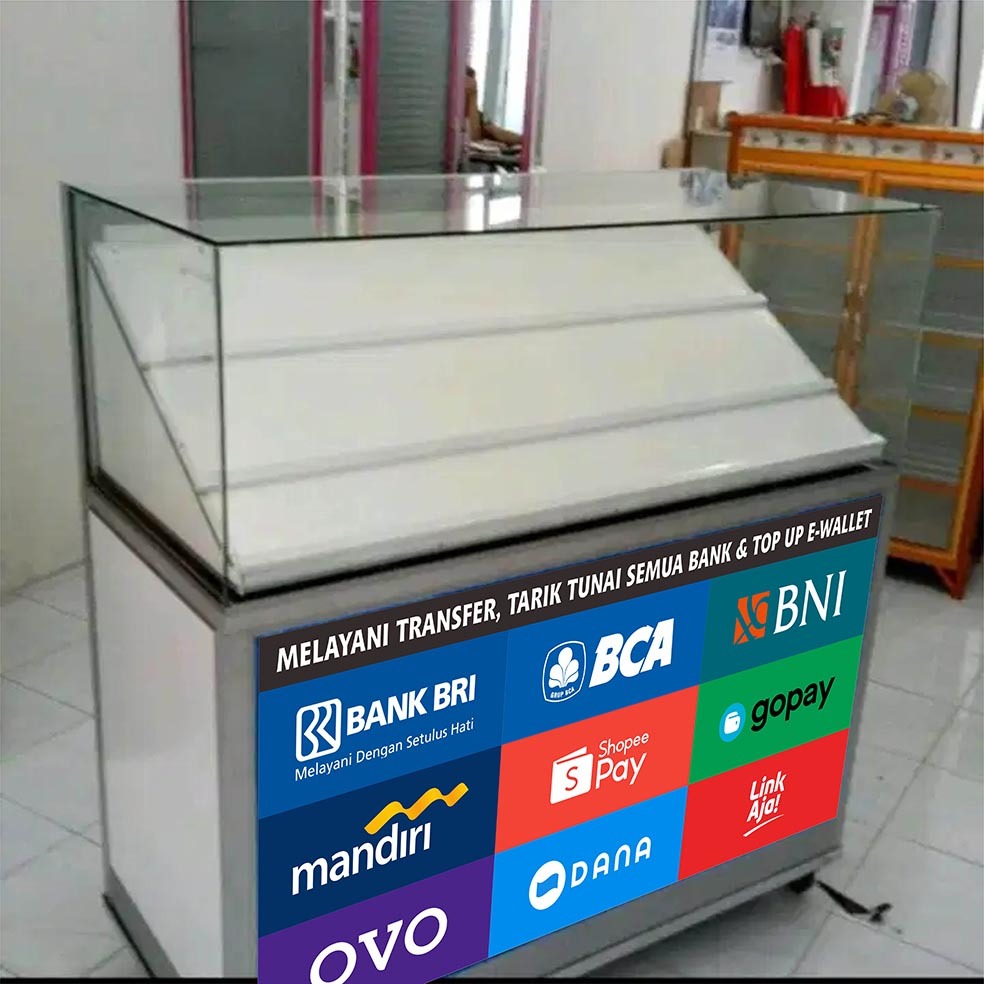 

STIKER VINYL TEMPELAN BAWAH ETALASE BETULISKAN LOGO BANK DAN EWALLET