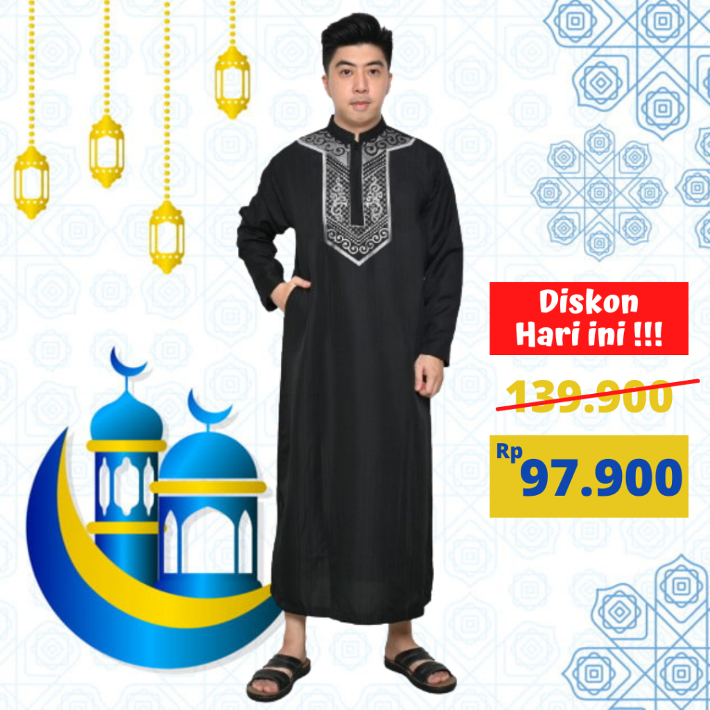 Baju Jubah Gamis Cowok Gamis Pria Dewasa Jubah Hitam Gamis Pria Lengan Panjang Bordir Putih