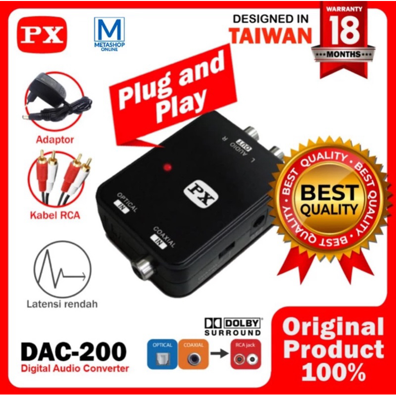 PX DIGITAL AUDIO CONVERTER RCA TO DIGITAL OPTICAL DAC 200 ADAPTER SPEAKER, lengkap kabel optical unt