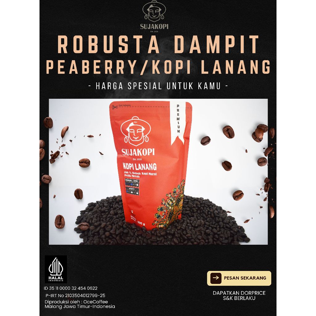 

Kopi Java Peaberry Robusta Dampit 1kg Special - Sujakopi - roastbean biji kopi sangrai Murni 100% kopi lanang free madu