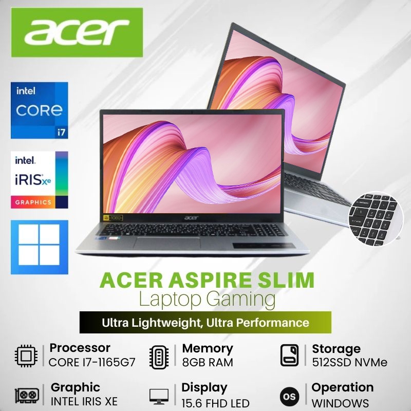 LAPTOP ACER ASPIRE 3 A315-58-74GF INTEL CORE I7-1165G7 RAM 8GB SSD 512NVME 15,6"FHD IRIS XE SILVER