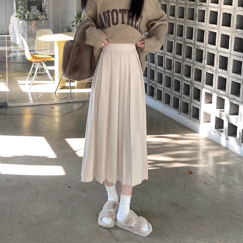 Rok Panjang Kasual Wanita Gaya Korea - Rok Lipit Lurus Longgar - Rok Midi Lipit