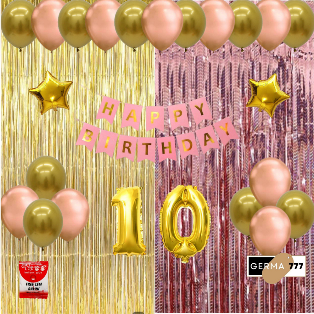 Set Dekorasi Ulang Tahun Anak Tirai Gold Mix Rosegold Cewek Cowok Ultah Dekor Happy Birthday Hemat