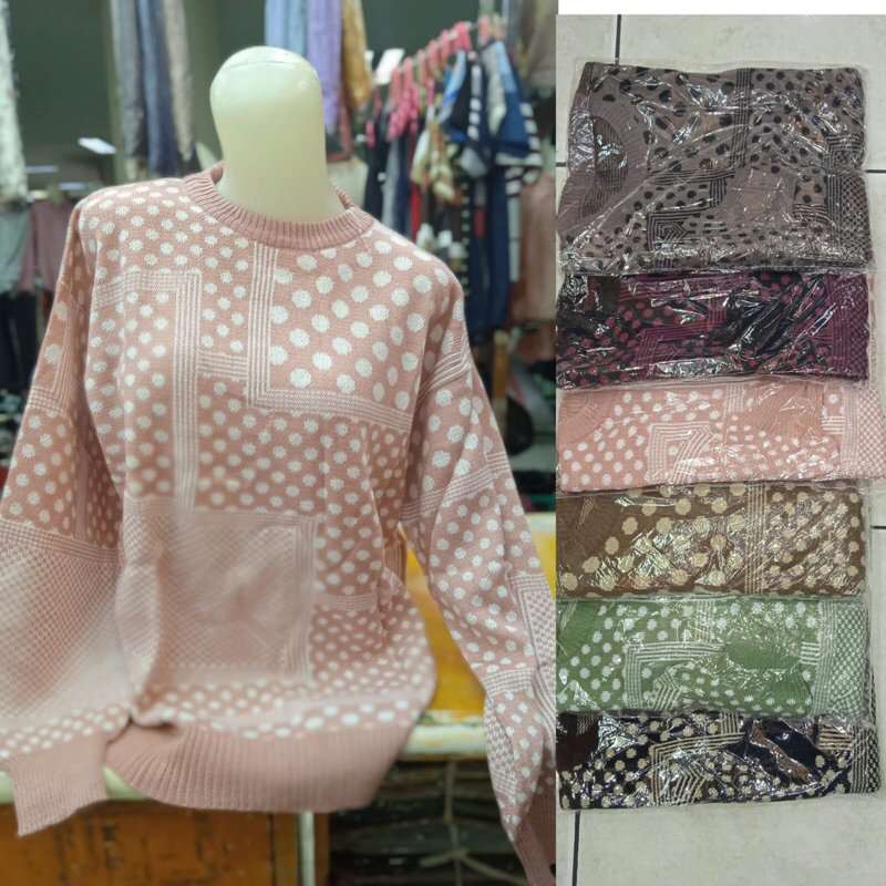(motif polkadot kotak) Sweater Rajut Semi Cardigan Rajut Wanita Import/ Kaos Rajut Wanita Import Ter