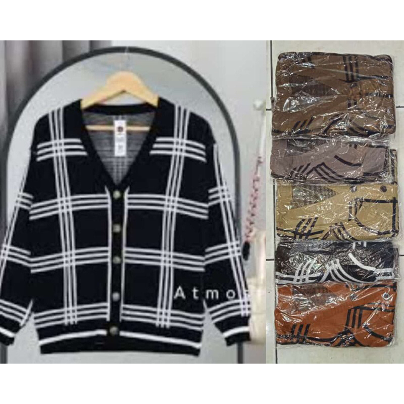 (Garis kotak) Sweater Rajut Semi Cardigan Rajut Wanita Import/ Kaos Rajut Wanita Import Terbaru Kere