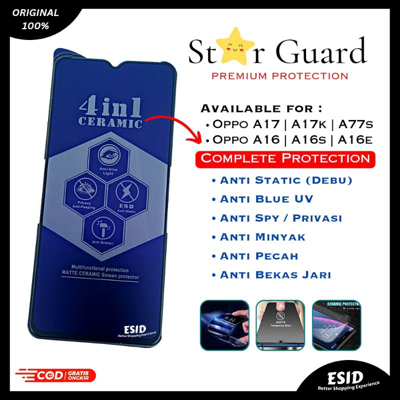 Screen Protector Oppo A17 / A17k / A77s | ESD Ceramics Matte Spy Blue | Anti Spy / Anti Blue UV / An