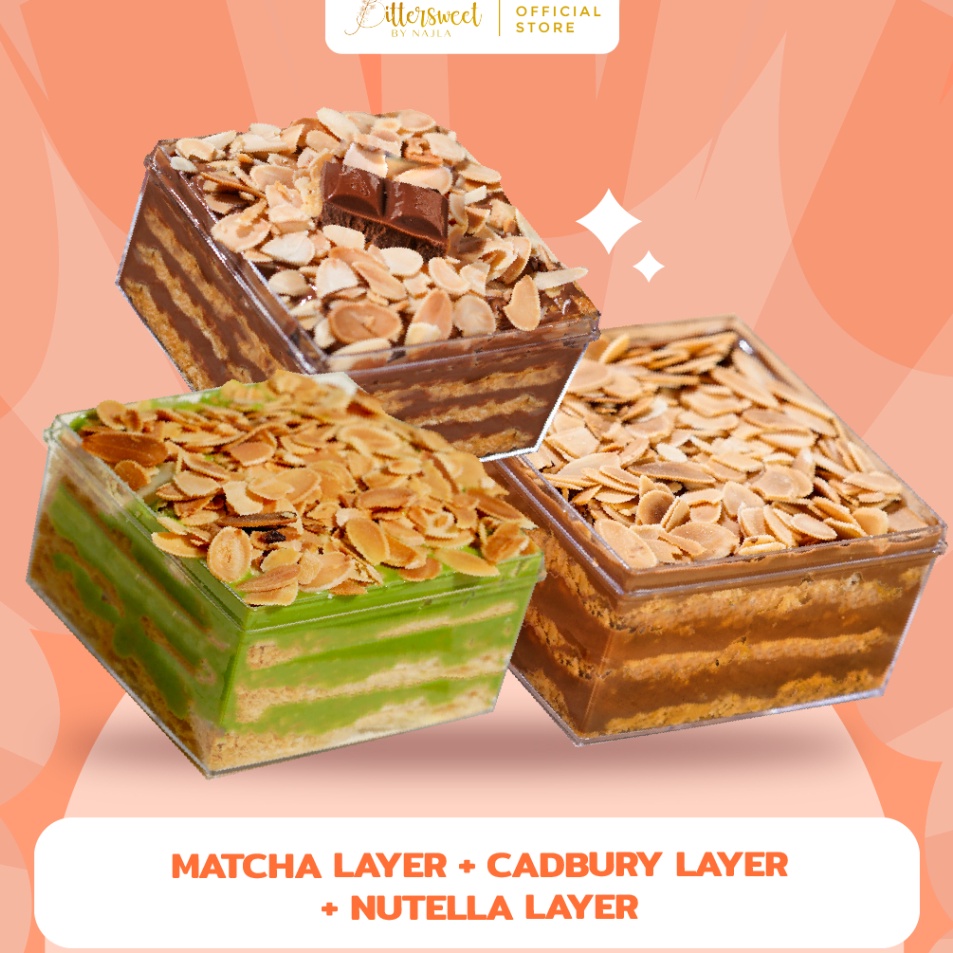 

Seller Bittersweet by Najla Bundling Choco Milk Layer Matcha Layer Choco Hazelnut Layer Ready stock