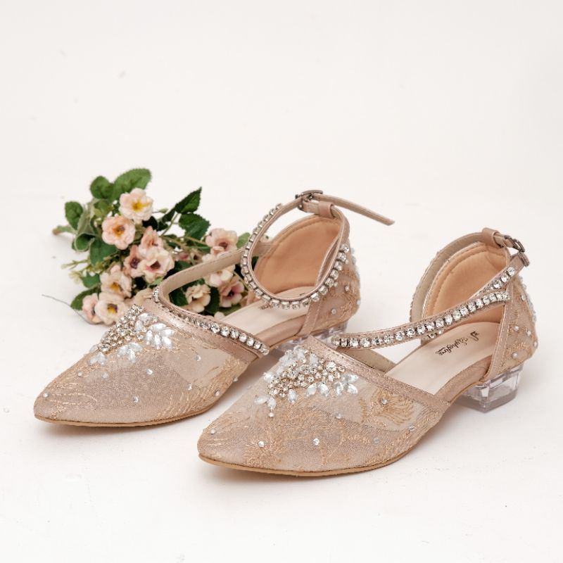 sepatu wedding pesta Quinsha hak kaca 3 cm millo tali