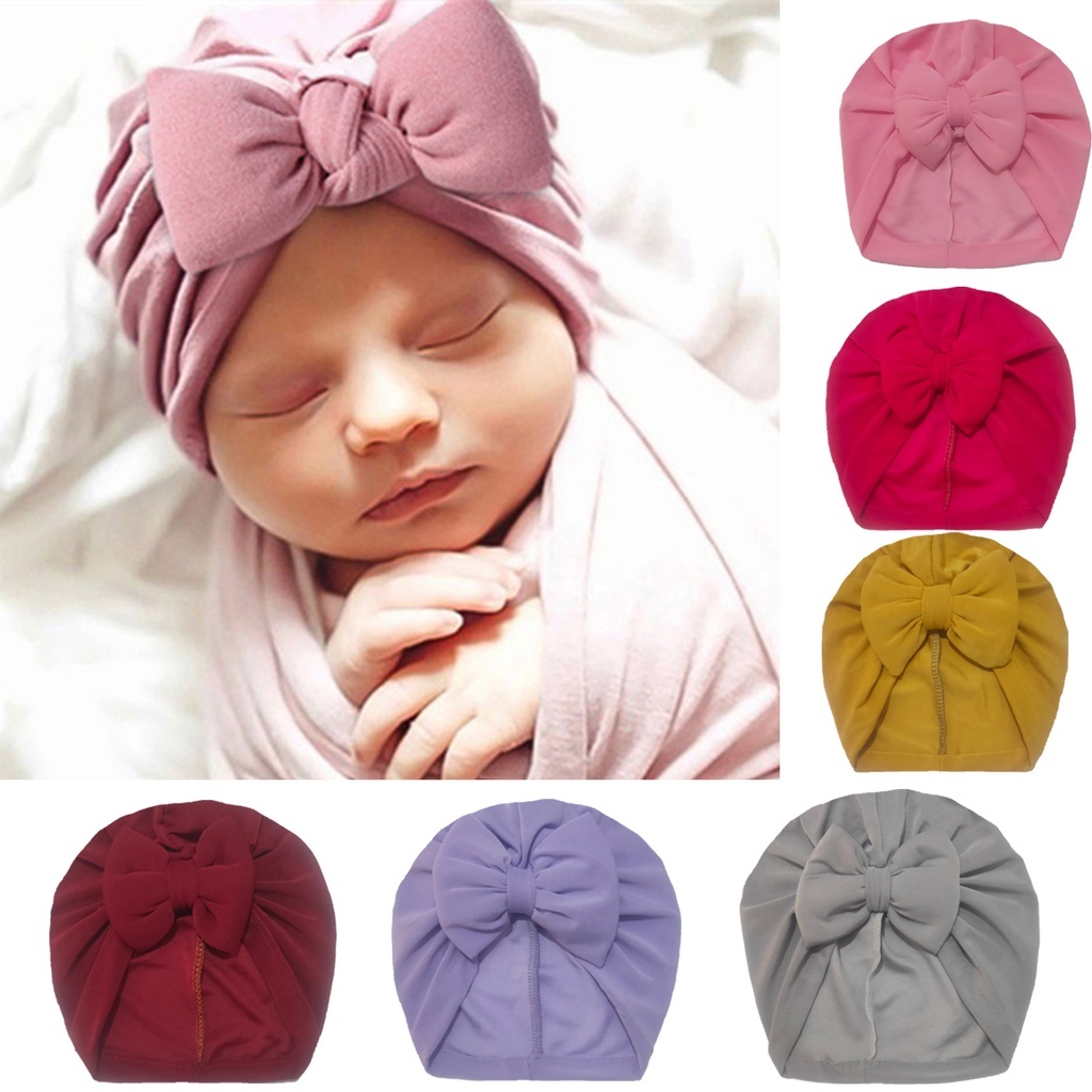Topi Turban Bayi Perempuan Model Pita Kupu - Kupu Bahan Polos Elastis Umur 0 - 2 Tahun