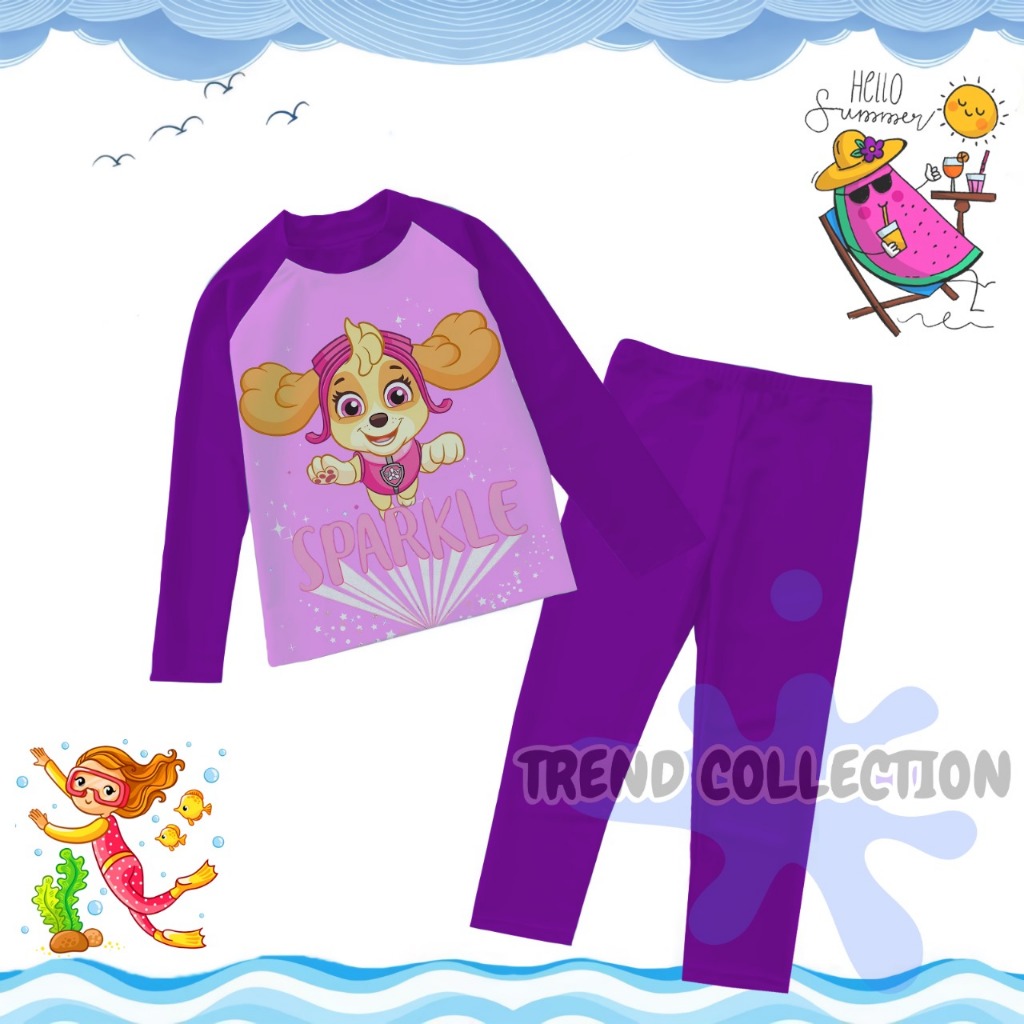 TREND COLLECTION Baju Renang Anak Perempuan/Baju Renang Lengan Panjang/Baju Renang Karakter Kombi Un