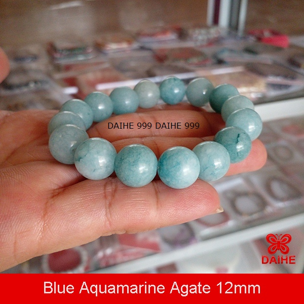 Gelang Batu Blue Aquamarine Agate 12mm / Natural Blue Agate Bracelet