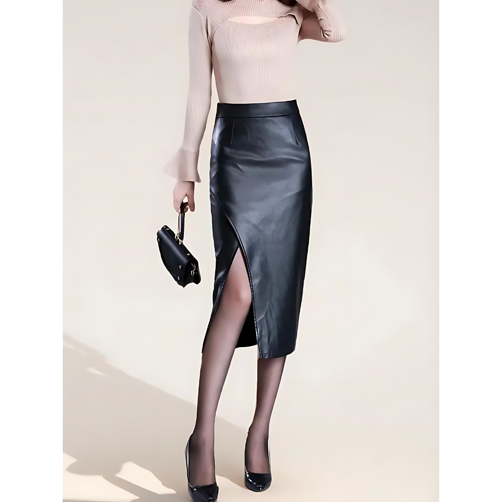 Rok Kulit Wanita Split Rok Pensil Vintage Bodycon Panjang