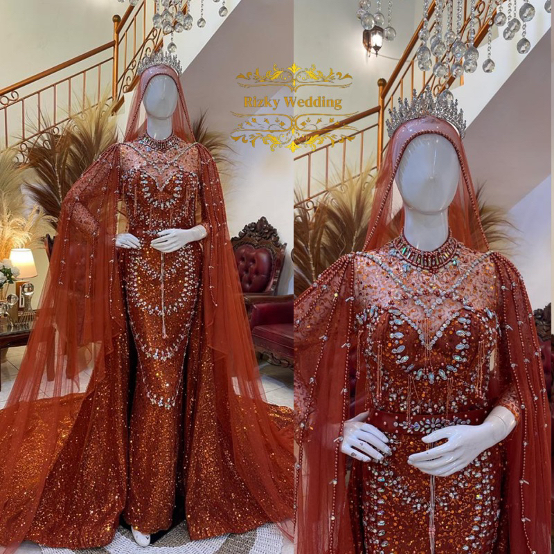 Gaun pengantin slim premium | Gaun pengantin slim ekor | Gaun pengantin slim motif bulat