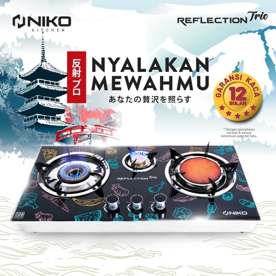Kompor kaca 3 Tungku Niko Reflection Pro Trio (Tungku Bara dan Tungku Api)