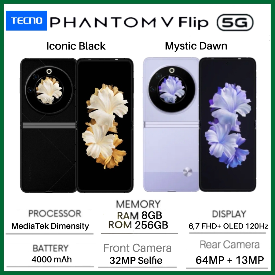 TECNO PHANTOM V Flip 5G 8/256 GB RAM 8GB +8GB* ROM 256GB,64MP Ultra Clear Cam 120Hz GARANSI RESMI VIVO Y35-1