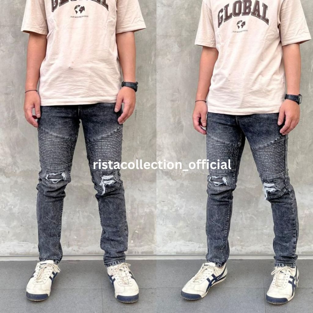 Celana Jeans Pria Jeans abu sandwash sobek Long Pant Men, Celana Jeans abu sandwash sobek pria