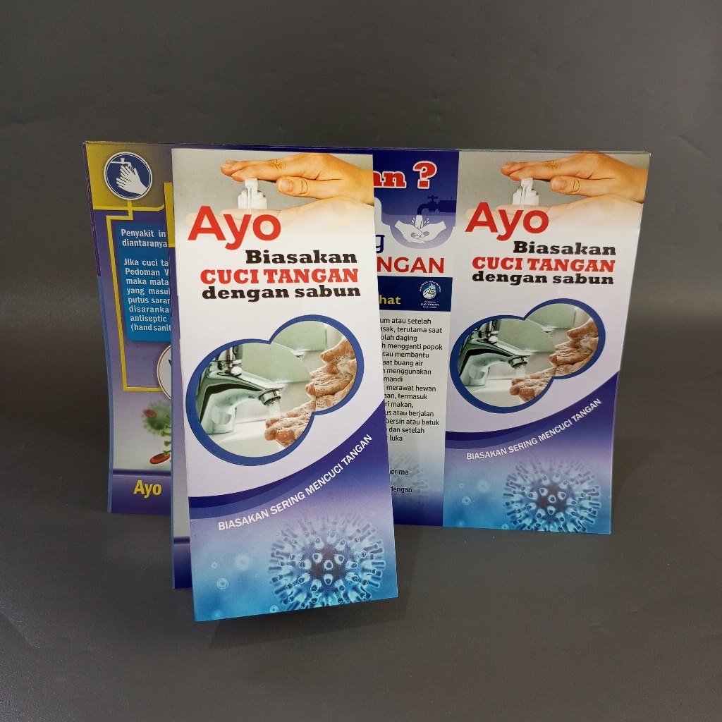 Leaflet/brosur Ayo biasakan cuci tangan dengan sabun, Leaflet kesehatan 6 langkah mencuci tangan.