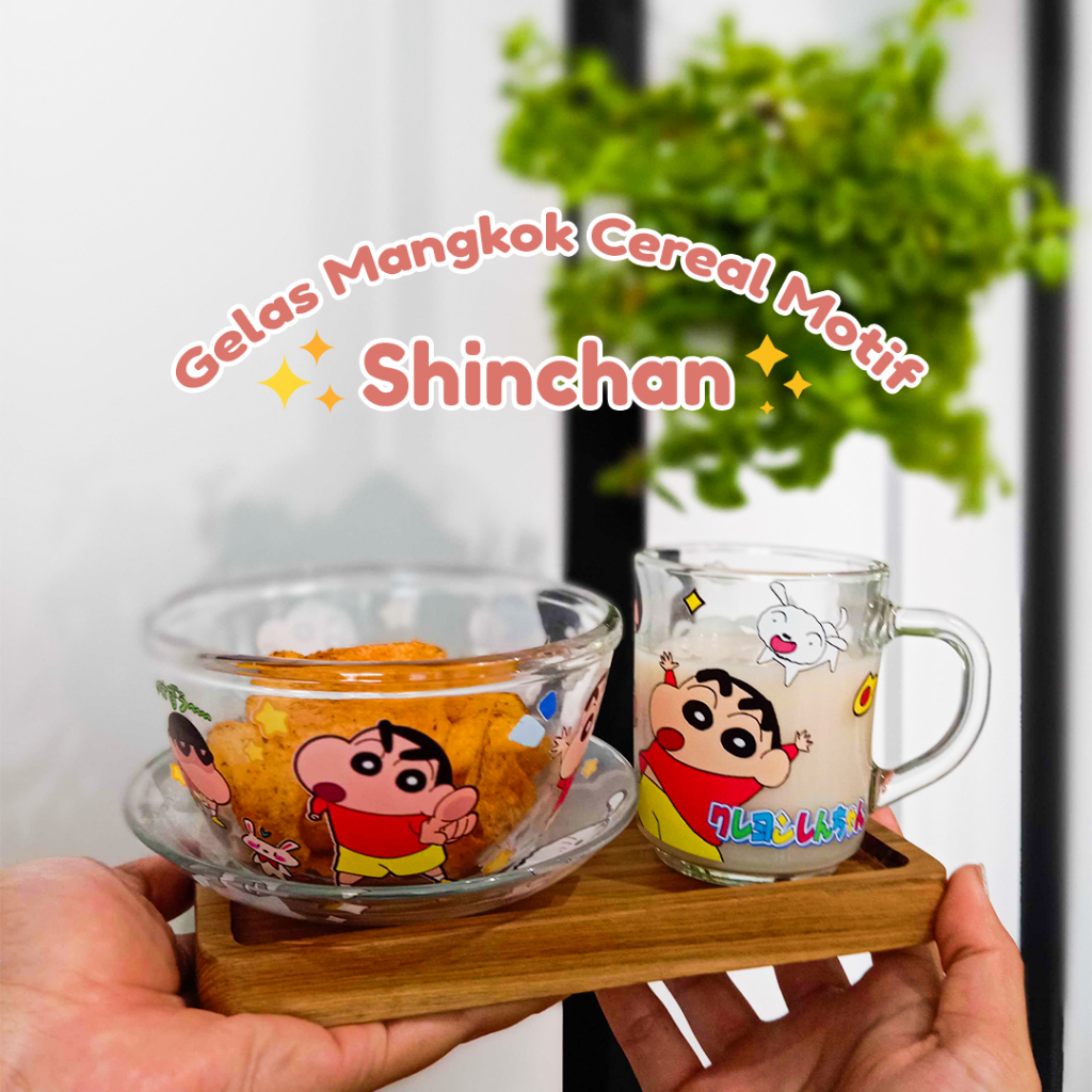 Mangkuk saji kaca gelas minum motif shinchan/Piring mangkok transparant crayon shinchan series