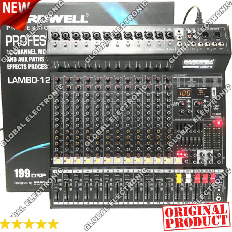 Mixer Audio Hardwell LAMBO 12 (ORIGINAL) 12 CHANNEL lambo 12 / lambo12 - 12 Channel Mic/Line - 2 Group Output - 6 Band EQ with Scan - Dual 7 band Equalizer - 4 Aux Output - Built-in digital multi effect reverb 199 DSP