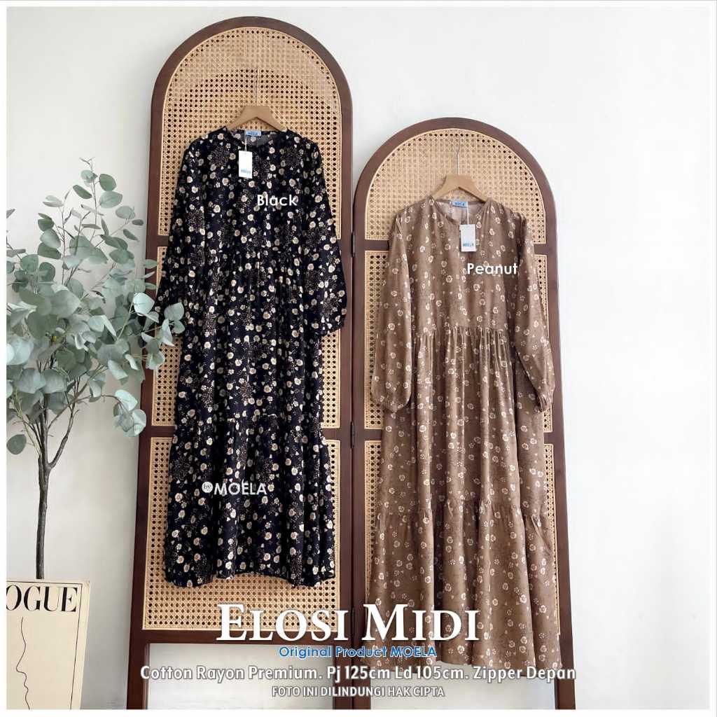 Elosi Midi by Moela Bahan Cotton Rayon Premium LD 105 Panjang 125 Ziper Depan Busui Friendly Dress G