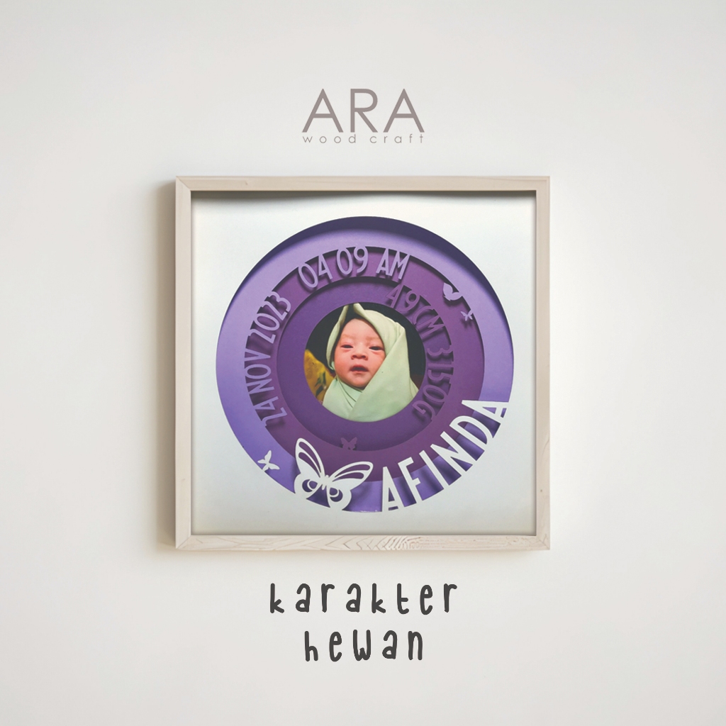 Arawooden Papan Nama Bayi 3D Shadow Box Baby Frame Karakter Lucu