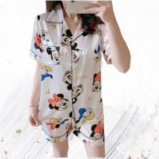 { MyReseller } Set Sleepwear Sweet Women Dewasa Remaja Motif Kekinian Short Sleeve Deep Kerah Shirt 