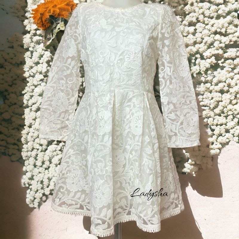 LIZ LISA Dress Lace White Long Sleeve Dress Brukat Putih Dress Pesta