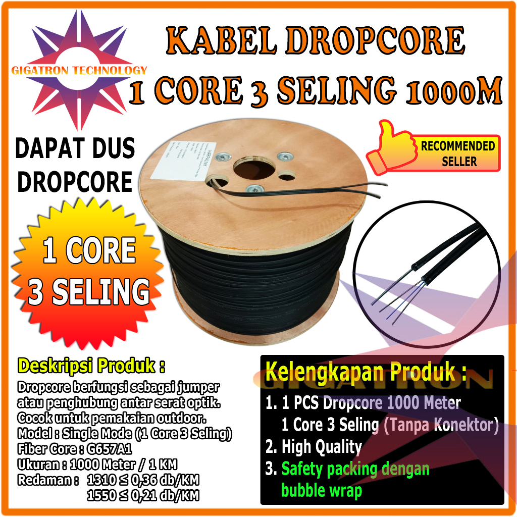 Kabel Fiber Optic Dropcore 1000M 1 Core 3 Seling / Kabel Fiber Optik 1000m FTTH Drop Wire DW FO 1000