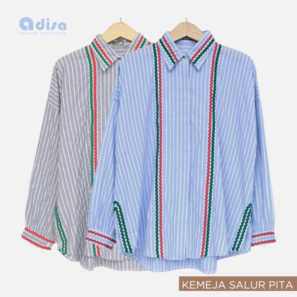 Baju Atasan Kemeja Salur Pita Lengan Panjang Wanita Ala Korean Style Bahan Adem By Adisa Official