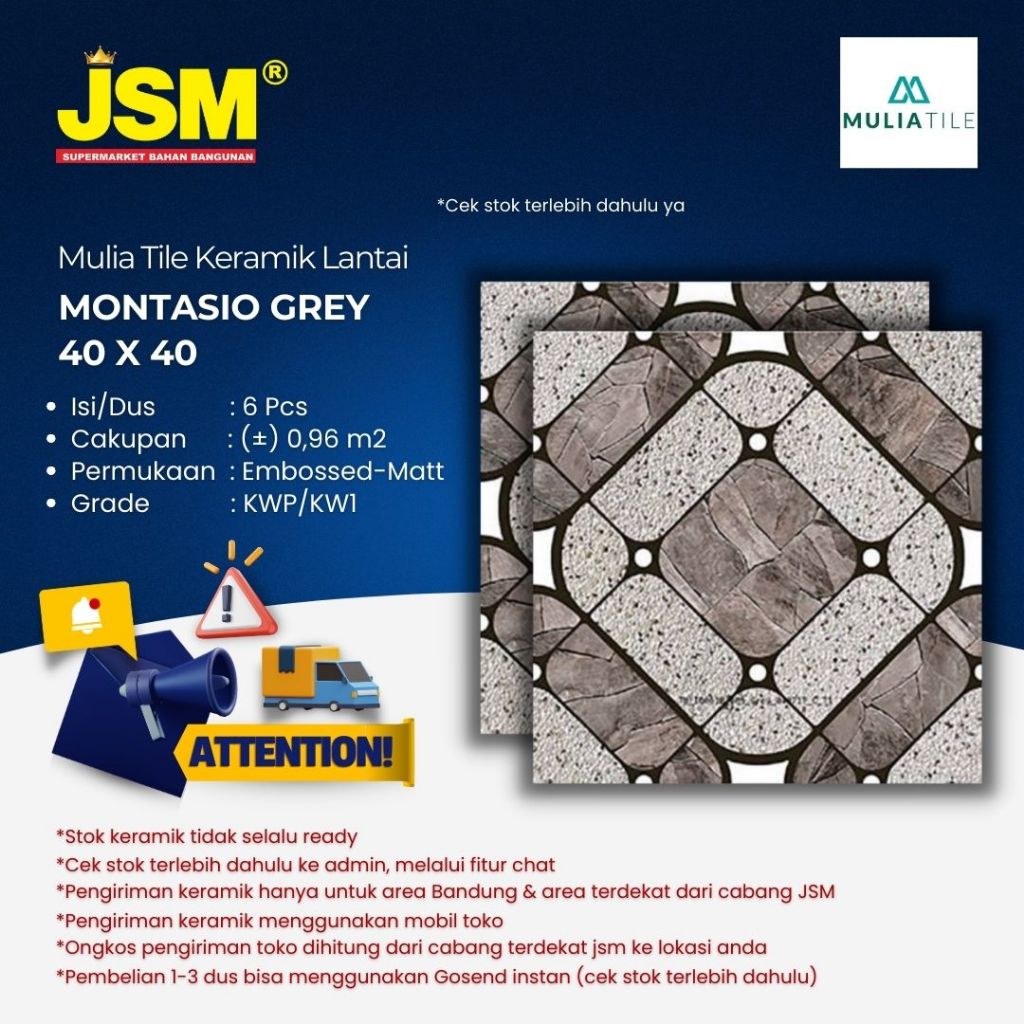 Mulia Tile Keramik Lantai Montasio Grey / Abu Matt 40x40 - JSM Supermarket Bahan Bangunan