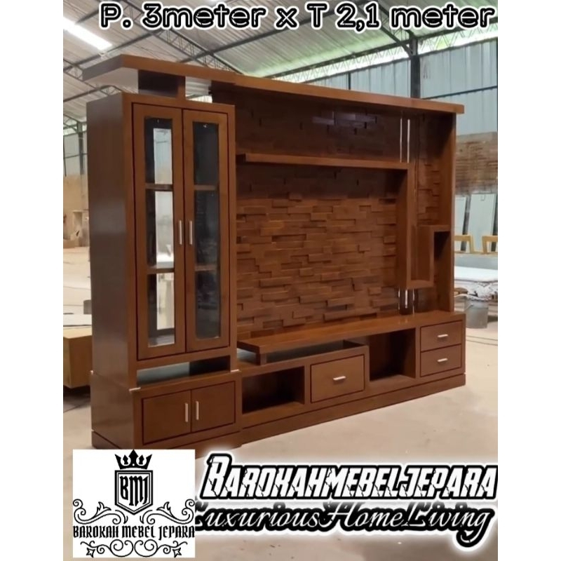Bufet Partisi TV jati minimalis 3 meter jumbo , Bufet TV 3 meter , Partisi kayu 3 meter jati
