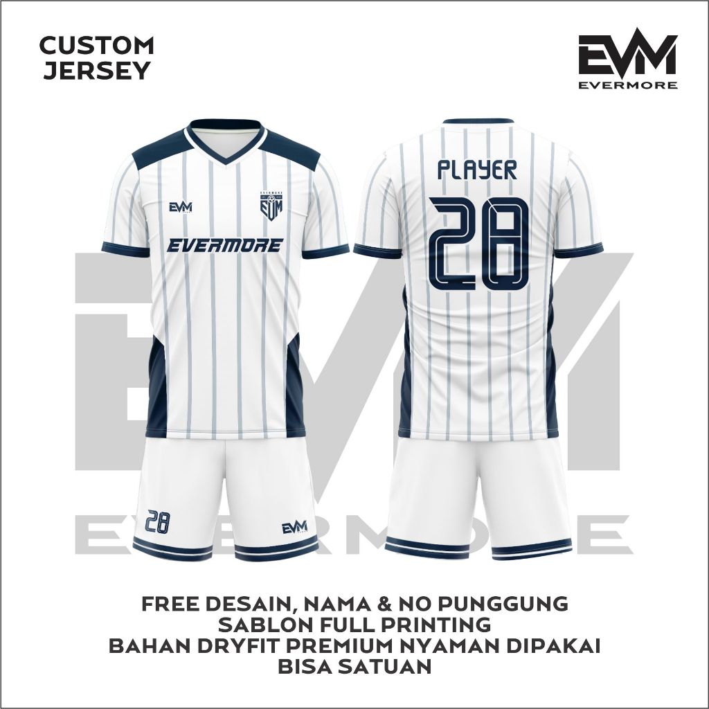 JERSEY FUTSAL EVM WHITE BLUE DIVISION FREE CUSTOM SATUAN EVERMORE