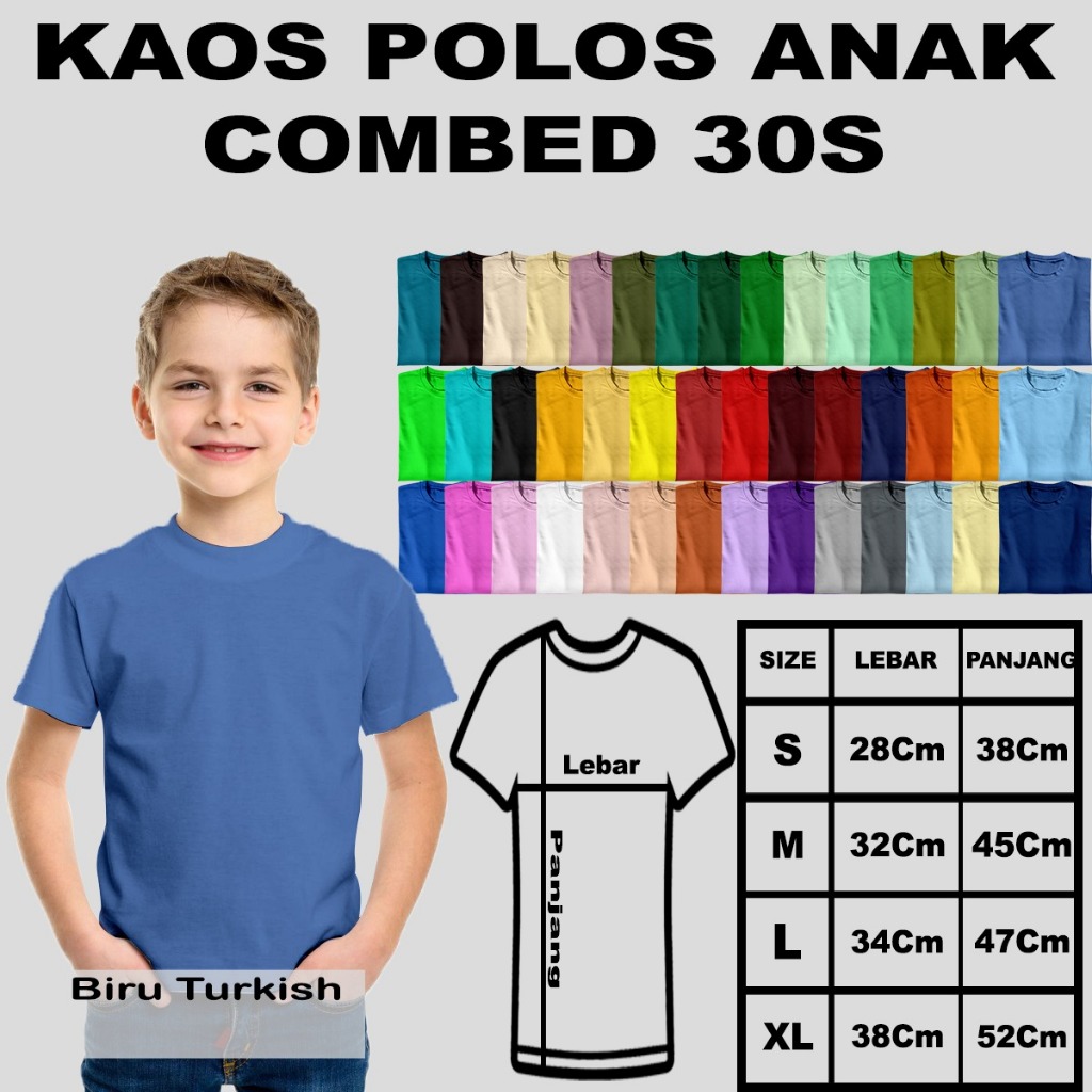 Kaos Polos Anak Katun Combed 30s Biru Turkish
