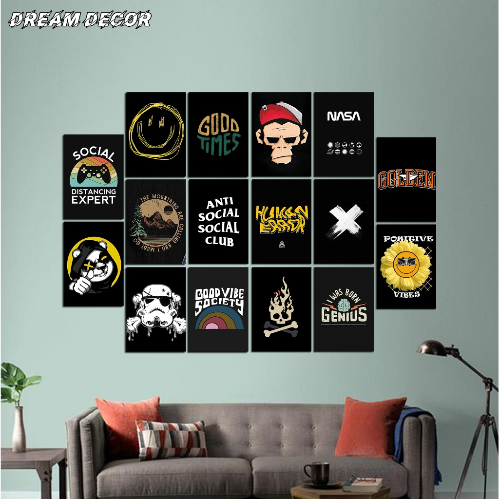 Poster Kamar Black Aesthetic Isi 16pcs [DD26] Ukuran A4 A5 A6 Bahan Glossy Dekorasi Kamar Cowok Post