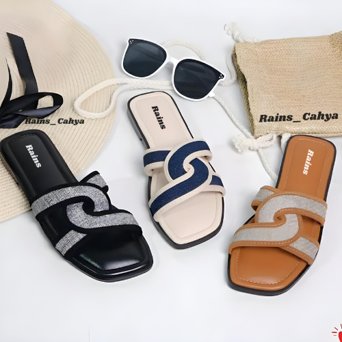Rains_Cahya Sandal Wanita OLLA Teplek Korea Casual Size 36 - 41 Sendal Slop Empuk Flat Karet Cewek K