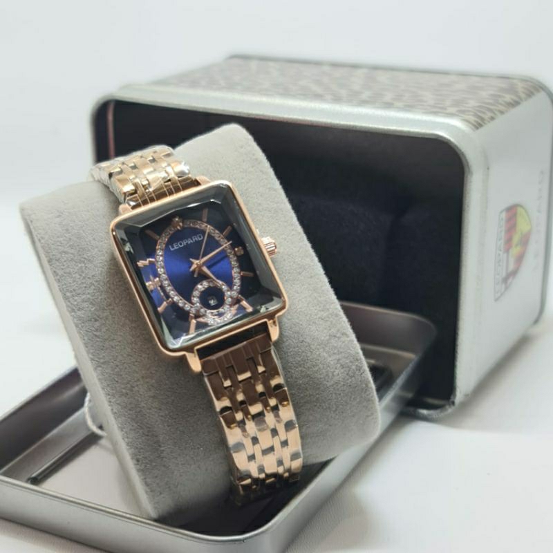 Jam tangan wanita LEOPARD LP-3329 Rantai Rosegold Blue Date aktif Original