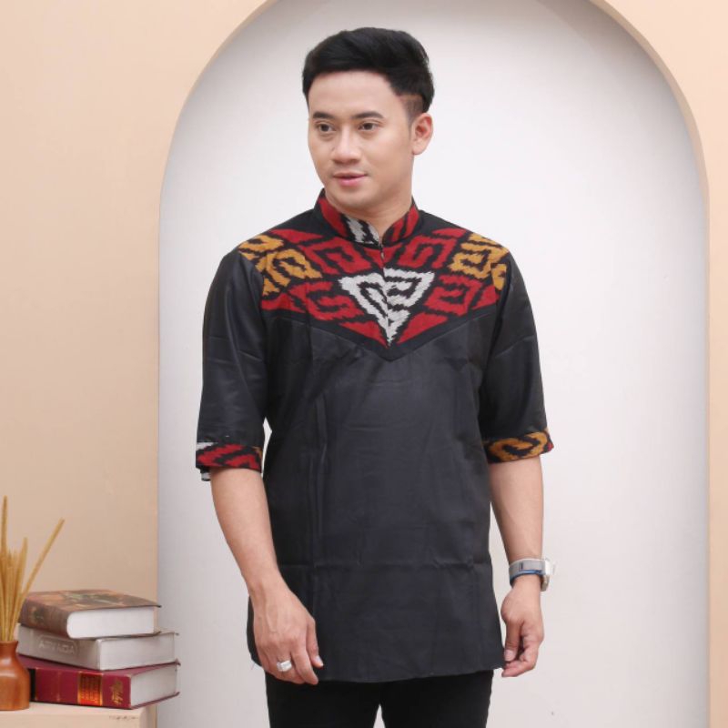 NECK SHANGHAI-kemeja tenun lengan pendek pria-kemeja tenun lebaran lengan pendek pria-koko pria leng