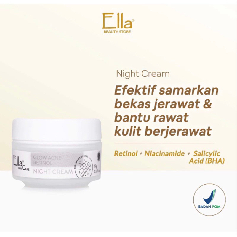 Ella Skincare Glow Acne Retinol Night Cream/Krim malam retinol untuk kulit berjerawat