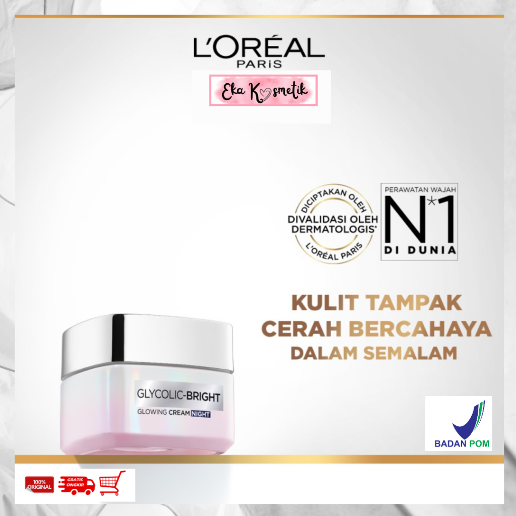 LOREAL Paris Glycolic Bright Glowing Night Cream 15ml & 50ml Skin Brightening Krim Malam Loreal ❣️ E